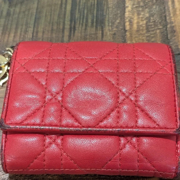 Authentic Christian Dior Lady Dior Cannage Trifold Wallet Lamb Skin Red - Picture 1 of 14